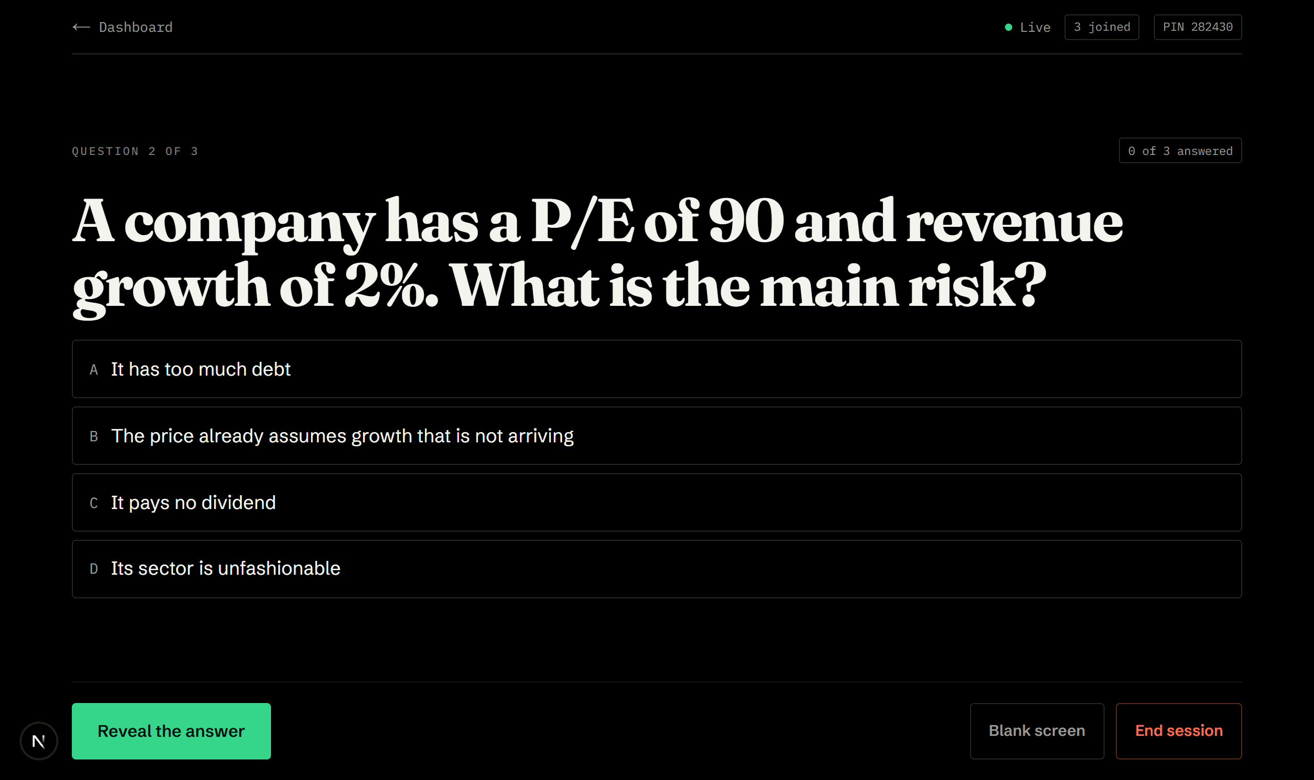QuizPulse: Your own questions, with the answer and the room’s split revealed together.
